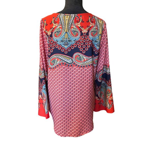 💖West Kei Women's Boho Paisley Tunic Top - Red/Navy Pattern Long Sleeve Tassel - Picture 3 of 8